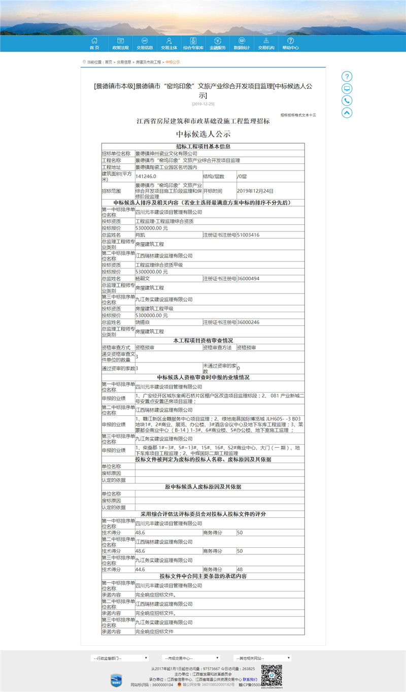 景德鎮市“窯塢印象”文旅産業綜合開(kāi)發(fā)項目監理[中标候選人公示]