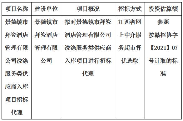 景德鎮市拜瓷酒店管理有限公司洗滌服務類供應商入庫項目招标代理計劃公告