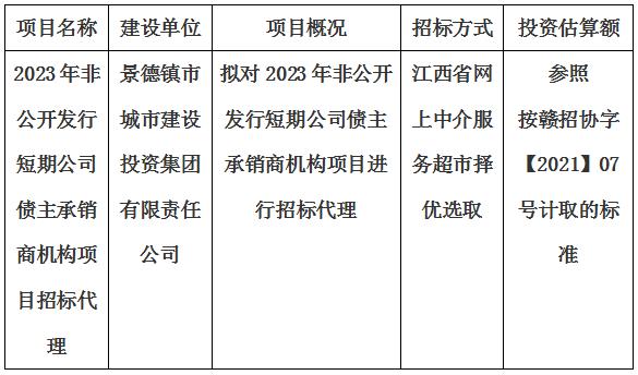 2023年非公開(kāi)發(fā)行短期公司債主承銷商機構項目招标代理計劃公告