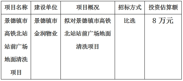 景德鎮市高鐵北站站前廣場地面(miàn)清洗項目計劃公告