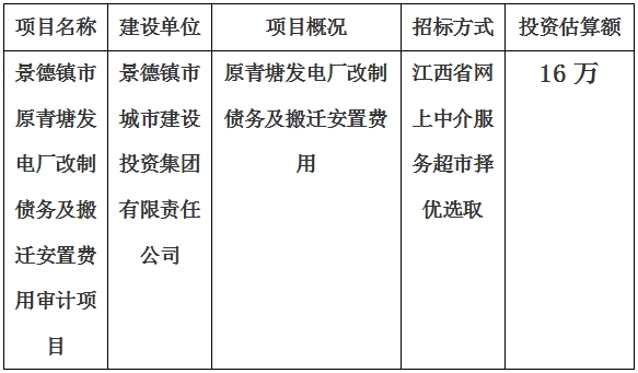 景德鎮市原青塘發(fā)電廠改制債務及搬遷安置費用審計項目計劃公告