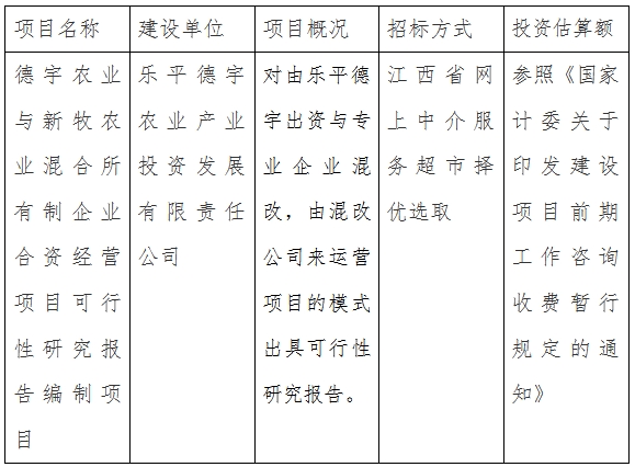 德宇農業與新牧農業混合所有制企業合資經(jīng)營項目可行性研究報告編制項目計劃公告