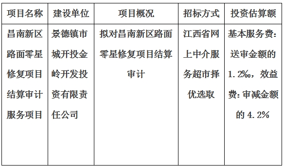 昌南新區路面(miàn)零星修複項目結算審計服務項目計劃公告