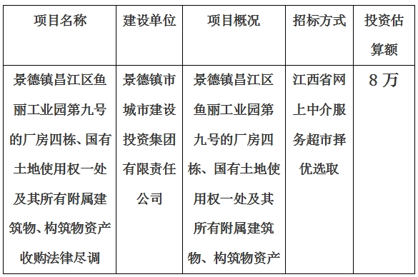 景德鎮昌江區魚麗工業園第九号的廠房四棟、國(guó)有土地使用權一處及其所有附屬建築物、構築物資産收購法律盡調項目計劃公告