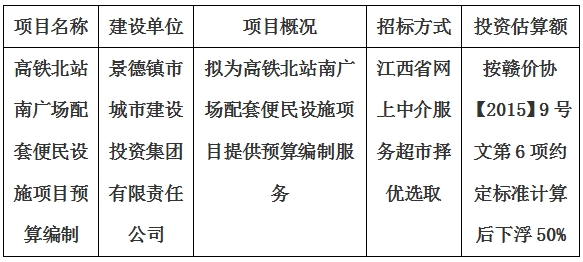 高鐵北站南廣場配套便民設施項目預算編制計劃公告