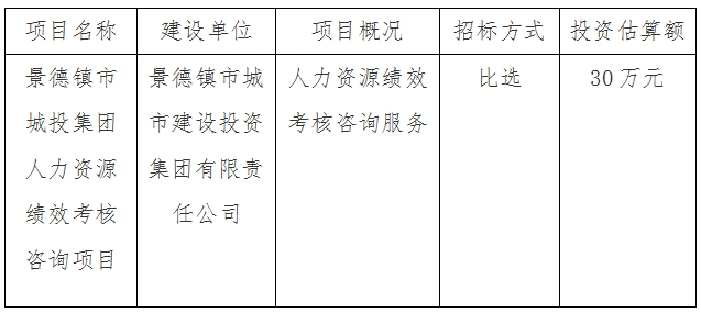 景德鎮市城投集團人力資源績效考核咨詢項目計劃公告