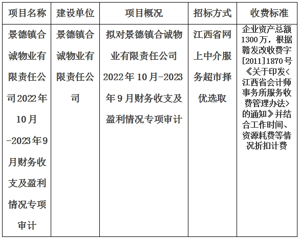 景德鎮合誠物業有限責任公司2022年10月-2023年9月财務收支及盈利情況專項審計的計劃公告