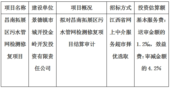 昌南拓展區污水管網檢測修複項目結算審計服務項目計劃公告