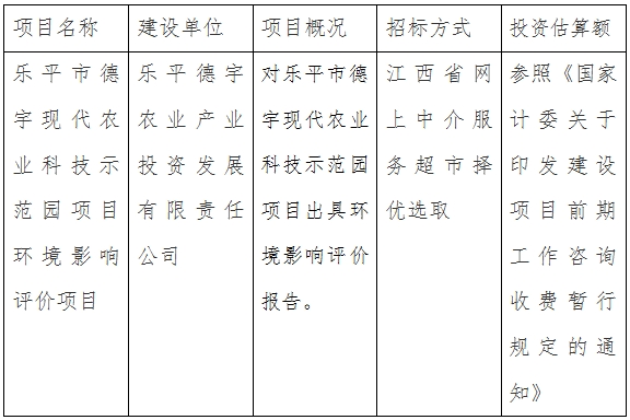 樂平市德宇現代農業科技示範園項目環境影響評價項目計劃公告