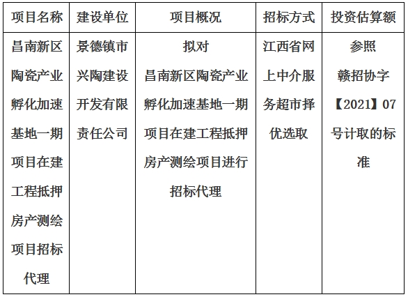 昌南新區陶瓷産業孵化加速基地一期項目在建工程抵押房産測繪項目招标代理計劃公告