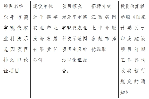 樂平德宇公司德宇現代農業科技示範園排污口論證項目計劃公告