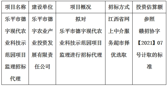 樂平市德宇現代農業科技示範園項目監理招标代理計劃公告