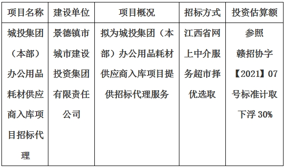 城投集團（本部）辦公用品耗材供應商入庫項目招标代理計劃公告