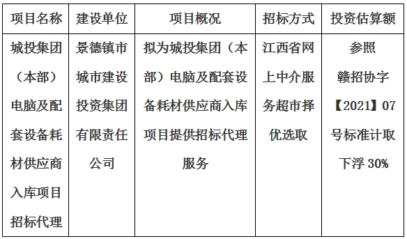 城投集團（本部）電腦及配套設備耗材供應商入庫項目招标代理計劃公告