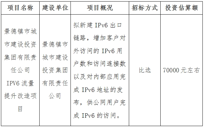 景德鎮由裏軟件開發有限責任公司IPV6流量提升改造項目計劃公告