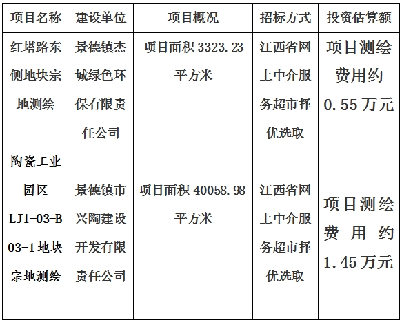 景德鎮市紅塔路東側地塊宗地測繪項目及陶瓷工業園區LJ1-03-B03-1地塊宗地測繪項目計劃公告