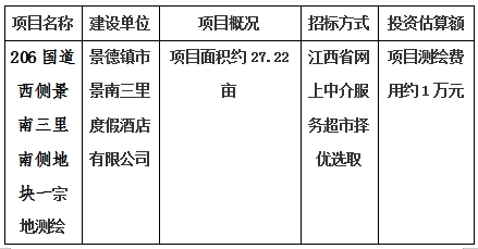 景德鎮市206國(guó)道(dào)西側景南三裡(lǐ)南側地塊一、206國(guó)道(dào)西側景南三裡(lǐ)南側地塊二、206國(guó)道(dào)西側景南三裡(lǐ)南側地塊三、光明大道(dào)南側景興大道(dào)西側地塊、新村北路北側原财政局地塊、洪源鎮政府北側規劃路西側地塊宗地測繪項目計劃公告